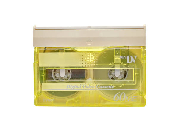 Yellow mini DV cassette on white background  - Foto, Imagen