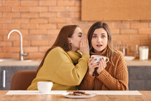 Fiatal nők meleg pulóverben otthon pletykálnak. - Fotó, kép