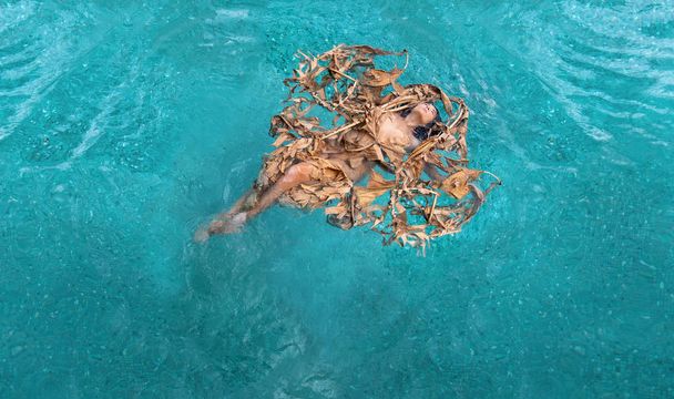 Top view of a beautiful sexy woman with vitiligo disease relaxed in dried up leaves, of a banana tree, in heart shape happily floating in turquoise water in the pool, copy space - Photo, Image