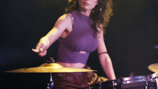 cropped view of girl rehearsing on drums - Video, Çekim