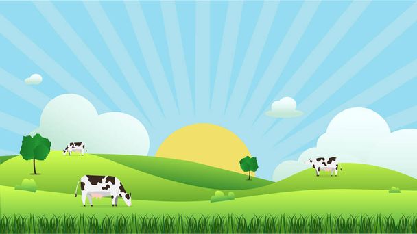 Meadow landscape with cow eating grass, vector illustration.Green field and sky blue and sun shine with white cloud background.Beautiful nature scene with sunrise.Cow with natural scene. - Vector, Image