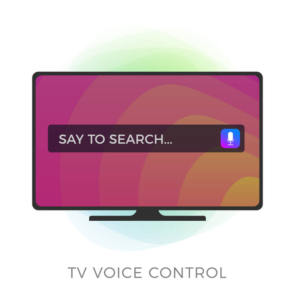 音声リモートコントロール、フラットベクトルアイコンとスマートテレビ。音声支援システムの概念、音声認識。カラー背景とマイクアイコンと画面上の検索バーと黒のテレビ - ベクター画像