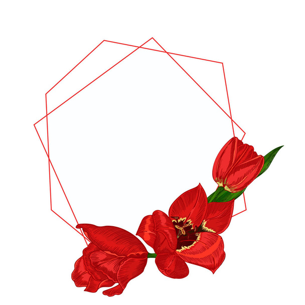 Bouquet de fleurs de printemps. Tulipes rouges isolées sur fond blanc Croquis botanique réaliste. Trending frame et place pour le texte. Style vectoriel aquarelle
 - Vecteur, image
