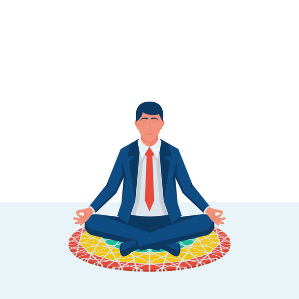 Concepto de meditación. Empresario sentado en pose de loto
 - Vector, imagen