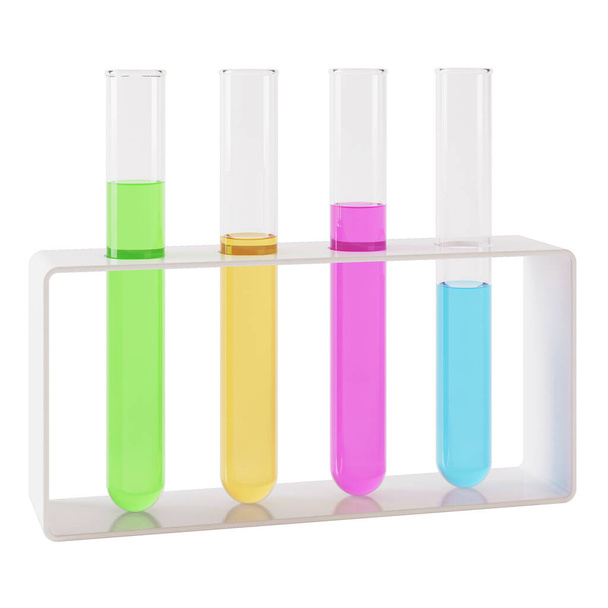 Transparent glass laboratory tube. Test tube filled with liquid on a white background. 3D rendering. - 写真・画像