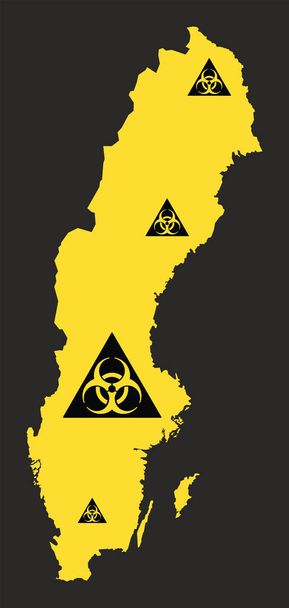 Suécia mapa com a ilustração do sinal do vírus de risco biológico em preto e y
 - Vetor, Imagem