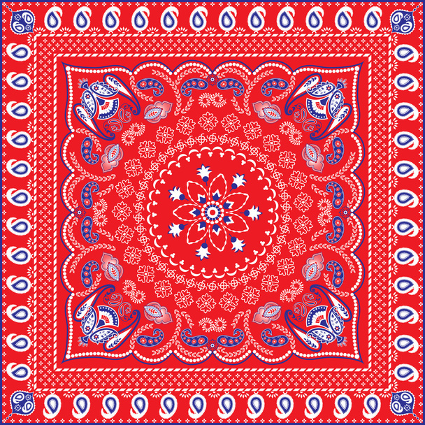 Bandana estampada retro roja, azul y blanca o bufanda para la cabeza
 - Vector, imagen