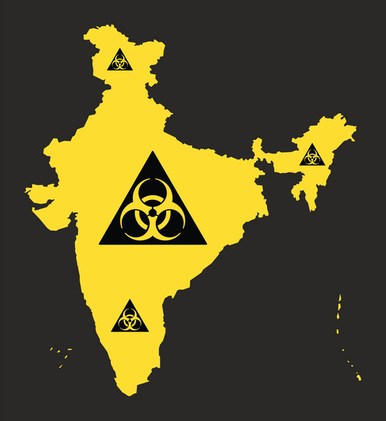 Indie mapa s biohazard virus znamení ilustrace v černé a vy - Vektor, obrázek