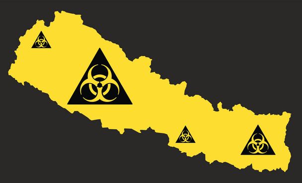 Nepal-Karte mit Biohazard-Virus-Zeichen-Illustration in schwarz-weiß - Vektor, Bild