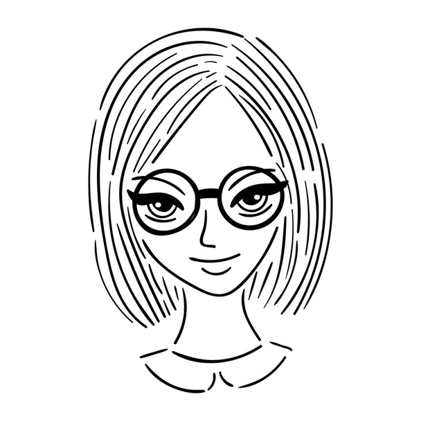 Cabeza de una chica, una chica con gafas de pelo liso, en la pocilga
 - Vector, imagen
