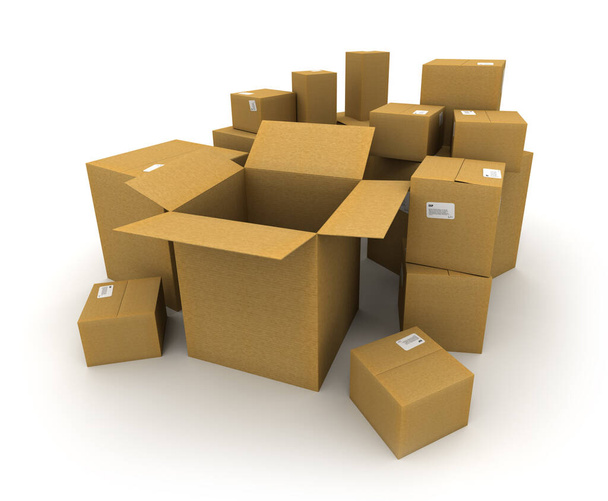 3d rendering of lots of cardboard boxes with an open empty one - Foto, afbeelding