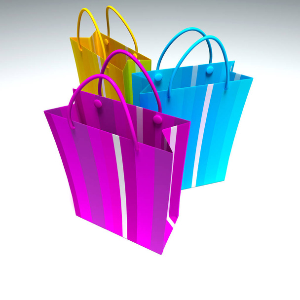 3D rendering of a trio of shopping bags in yellow, blue and purple - Фото, зображення