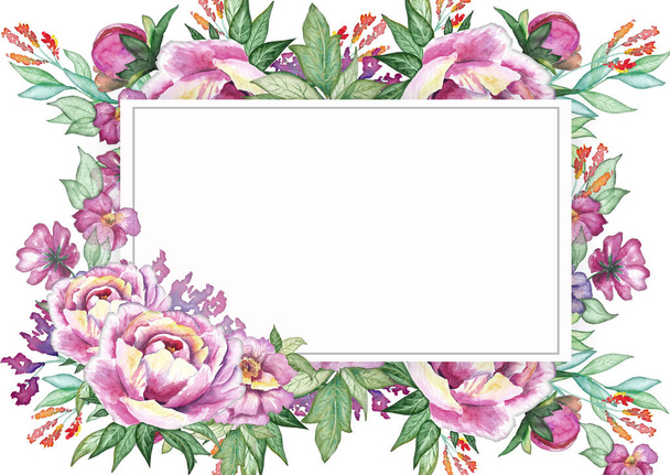 Suluboya Çiçek Çerçevesi. Düğün Süsü Konsepti. Dekoratif tebrik kartı şablonu. Davetiye Tasarım Arkaplanı. El Çizimi İllüstrasyonu. Bahar Çiçekleri, Şakayıklar. Yumuşak Romantik Zarif - Fotoğraf, Görsel