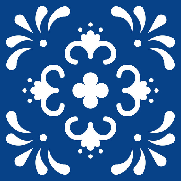 Mexican talavera tile pattern. Ornament in traditional style from Puebla in classic blue and white. Floral ceramic composition with flower, dot and leaves. Folk art design from Mexico. - Vector, afbeelding