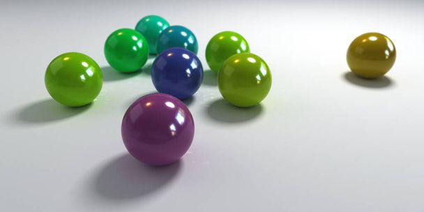 3D rendering of balls in blue, green, and purple shades on a white background - Fotó, kép