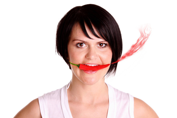 young woman with a red lips and a fork - Фото, изображение