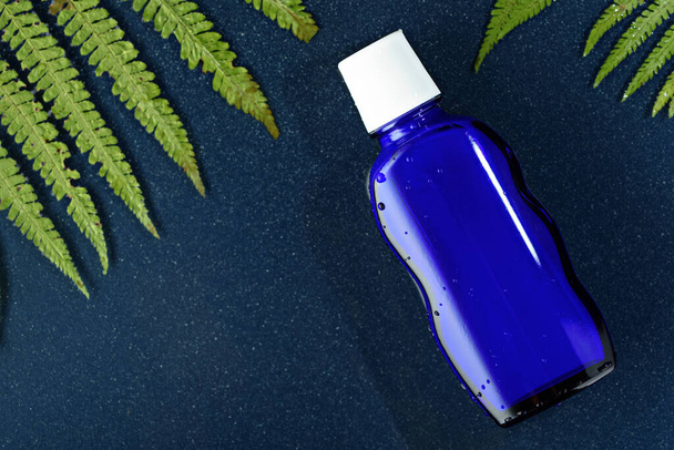 bottiglia di vetro blu vista dall'alto con coperchio bianco su sfondo blu con foglie di felce
 - Foto, immagini