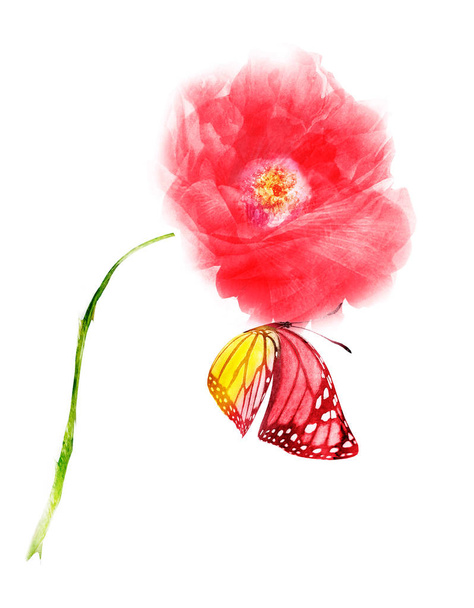 Watercolor flower with butterfly, isolated on white background - Zdjęcie, obraz