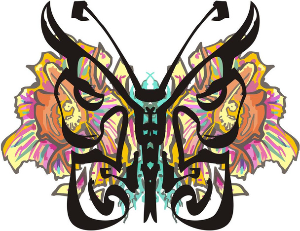 Декоративные крылья бабочки с красочными цветочными брызгами. Контур абстрактной бабочки на фоне тропических цветов для отпечатков, плакатов, татуировок и т.д.
. - Вектор,изображение
