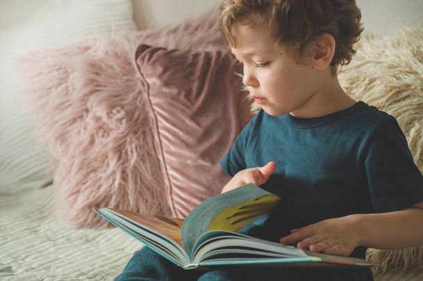 Un niño pequeño se sienta en una cama con sus juguetes en la sala de estar viendo imágenes en el libro de cuentos
 - Foto, Imagen