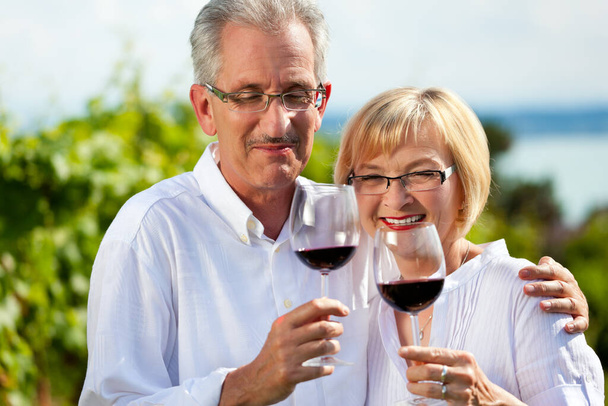 feliz pareja bebiendo vino en el lago en verano - Foto, imagen