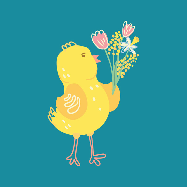 Hand drawn vector illustration of a cute little chicken with a bouquet of flowers isolated on turquoise background. There are tulips, mimosa and narcissus. Great for Easter greeting cards and posters. - Vektör, Görsel