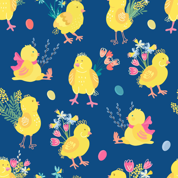 Vector seamless pattern with cute chicks, bouquets of spring flowers and easter eggs. There are daffodils, tulips, mimosas. Bright colors, blue background. Great for fabric, wrapping papers, covers. - Vector, imagen