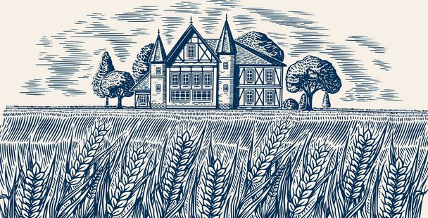 Пивоварня на тлі пшениці та ячменю. Вид на сільський пейзаж, сільське поле і пагорб, ретро-дерев'яна будівля. Ручний намальований монохромний старовинний ескіз для пива або алкогольних напоїв
 - Вектор, зображення
