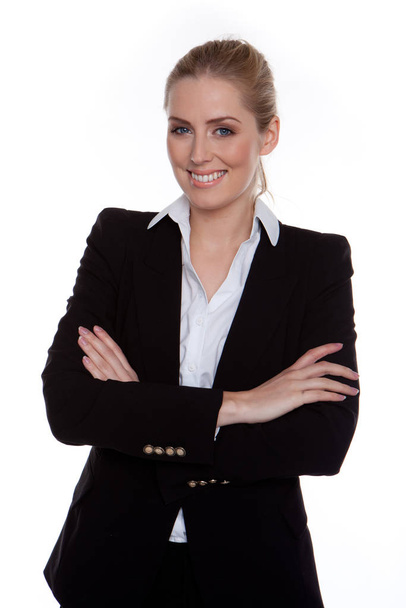Confident Smiling Businesswoman Arms Crossed standing on white, studio - Zdjęcie, obraz