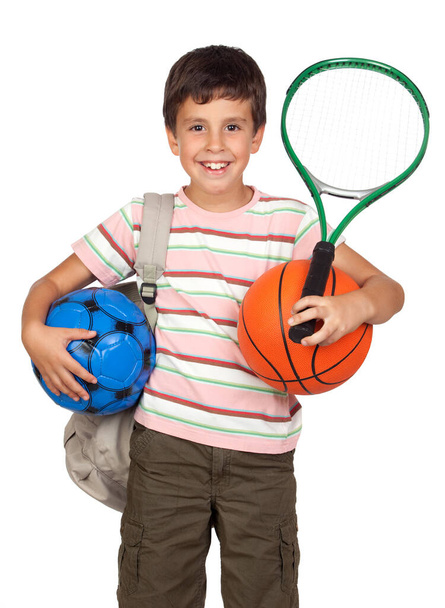 Busy child with basketball, racket and soccerball isolated on white background - Foto, Imagen