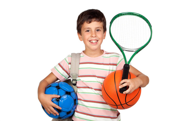 Zajęte dziecko z koszykówki, rakiety i piłki nożnej izolowane na białym tle - Zdjęcie, obraz
