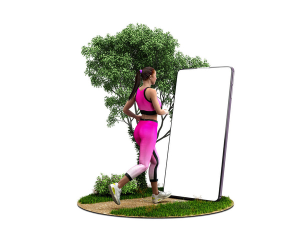 fitness app concept meisje draait op de natuur op zoek naar de telefoon s - Foto, afbeelding
