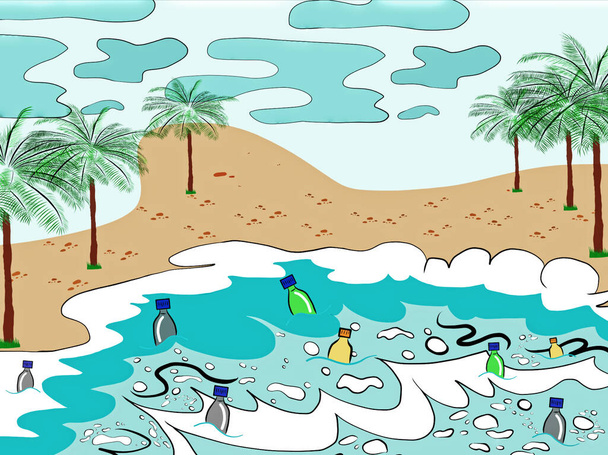 Mnoho odpadků na moři a pláži.Plastové znečištění odpadu na moři, plastové láhve, sklo a další ve vodě, kokosové ořechy strom, kopec, modrá obloha jako pozadí, Ručně kreslené, kreativní s ilustrací procesu. - Fotografie, Obrázek
