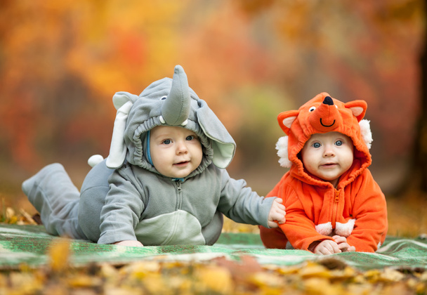 動物の衣装に身を包んだ 2 人の赤ちゃんの男の子 - 写真・画像