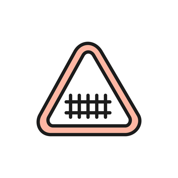 Train road attention sign, railroad tracks flat color line icon. - Vector, Image