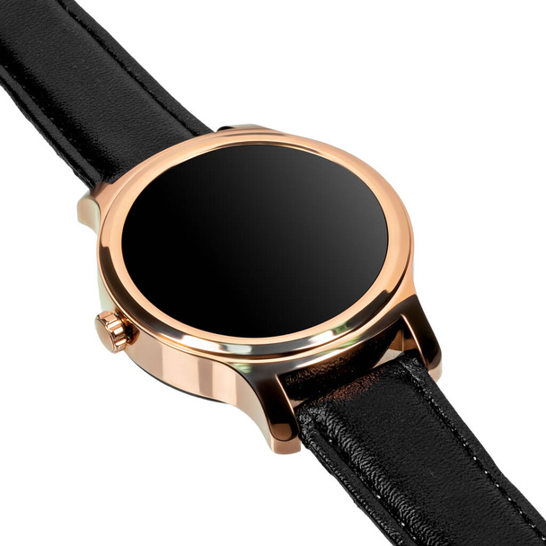 Бездротовий розумний годинник у круглому блискучому золотому футлярі та чорній шкіряній ремінці
 - Фото, зображення