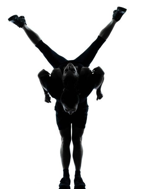 one couple man woman exercising workout aerobic fitness posture full length silouhette on studio isolated on white background - Photo, Image