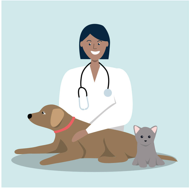 A női állatorvos ellenőrzi a háziállatokat. Orvos az állatorvosi klinikán. Lapos vektor illusztráció. - Vektor, kép