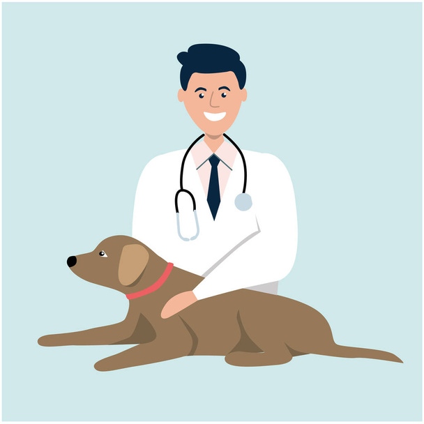 A férfi állatorvos ellenőrzi a háziállatot. Állatorvos az állatorvosi klinikán. Egészséges és boldog kutya. Lapos vektor illusztráció. - Vektor, kép