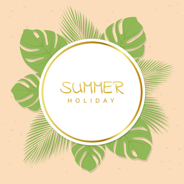 summer holiday label on palm leaf and sand with golden border - Vektor, Bild