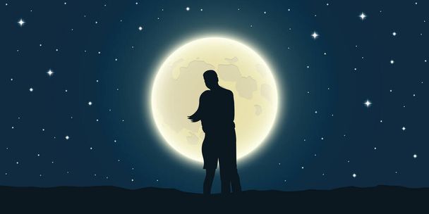 romantic night loving couple is looking at the full moon - Vector, Image