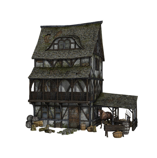 Детальная реконструкция средневекового дома на белом фоне, 3D рендеринг
. - Фото, изображение