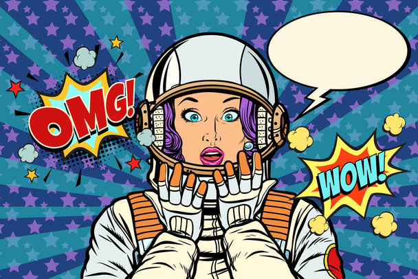 astronaut woman surprise gesture. Pop art retro vector vintage kitsch illustration drawing - Foto, immagini