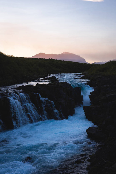 Hlauptungufoss waterfall during sunset in Summer - Foto, Imagem