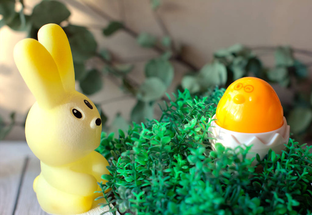 Húsvéti ünnepség koncepció. Játéknyuszi és csirke a füvön. Boldog húsvéti és tavaszi projektet. - Fotó, kép