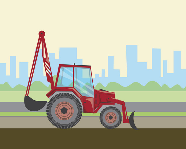 A kotró egy vödör működik a talaj és a talaj a városban, egy vektor állomány illusztráció egy évjárat piros traktor és az út vagy táj munka - Vektor, kép