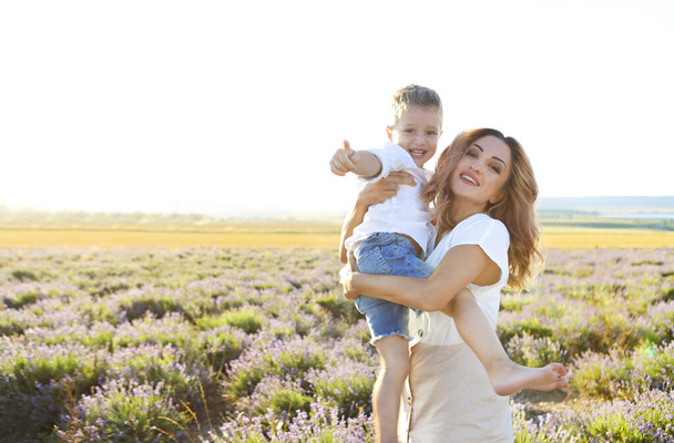 幸せな若いです母と彼女の小さなでラベンダー畑  - 写真・画像