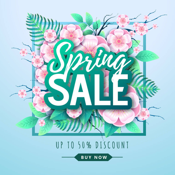 Spring big sale poster with full blossom flowers. Spring background - Vettoriali, immagini