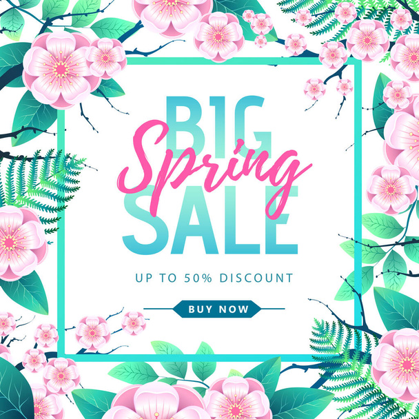 Spring big sale poster with full blossom flowers. Spring background - Вектор, зображення