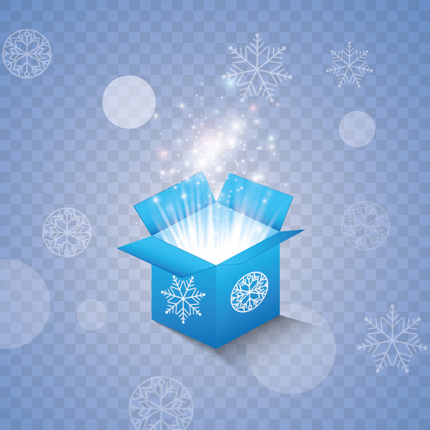 Set of magic gift boxes on a blue background, snow and icicles, magic for Christmas and New Year, birthday, illustrations, gift, postcard, congratulation, vector graphics. Vector - Вектор, зображення